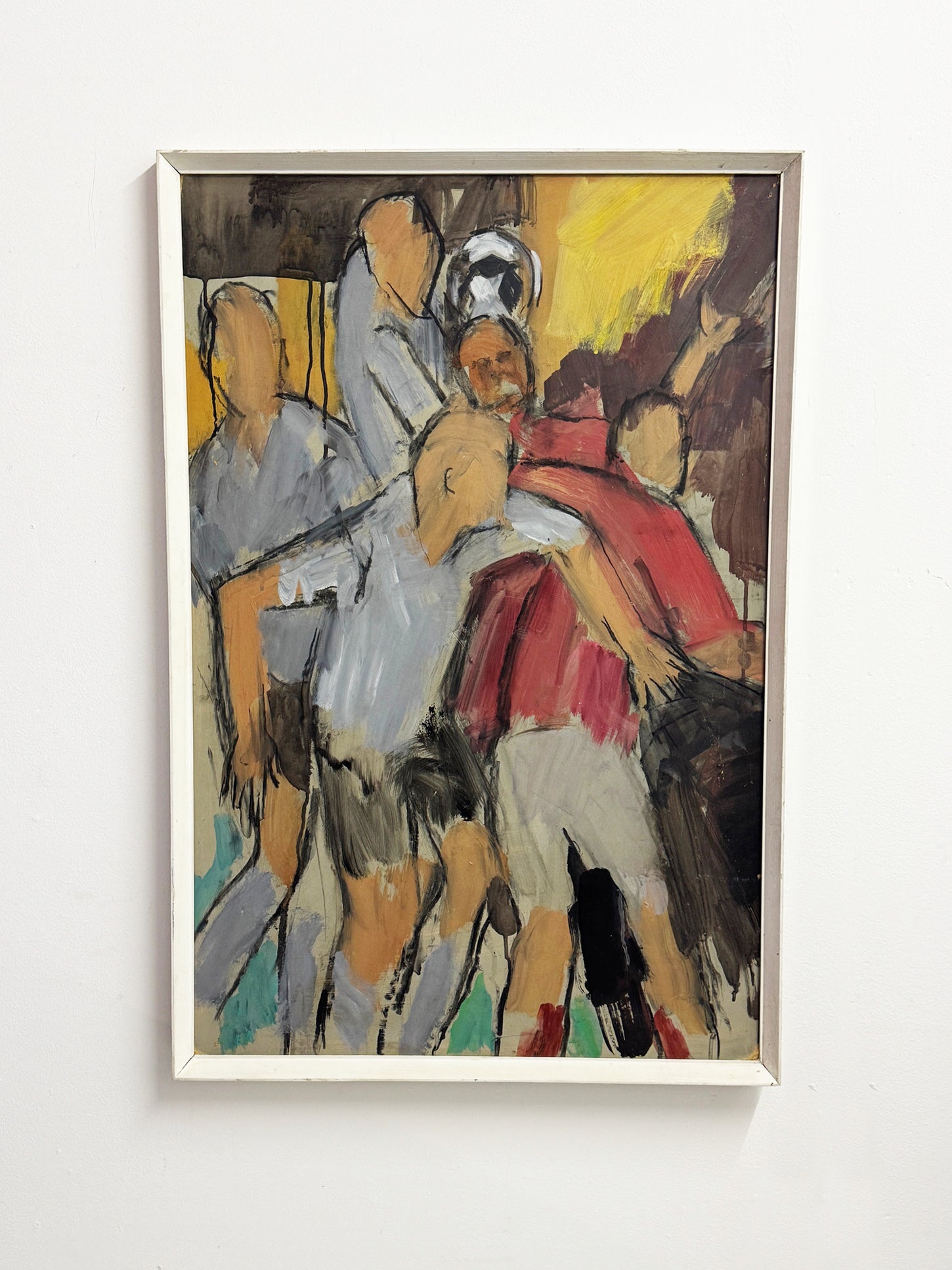 Large Mid Century Vintage Abstract Sport Football Match Oil Painting