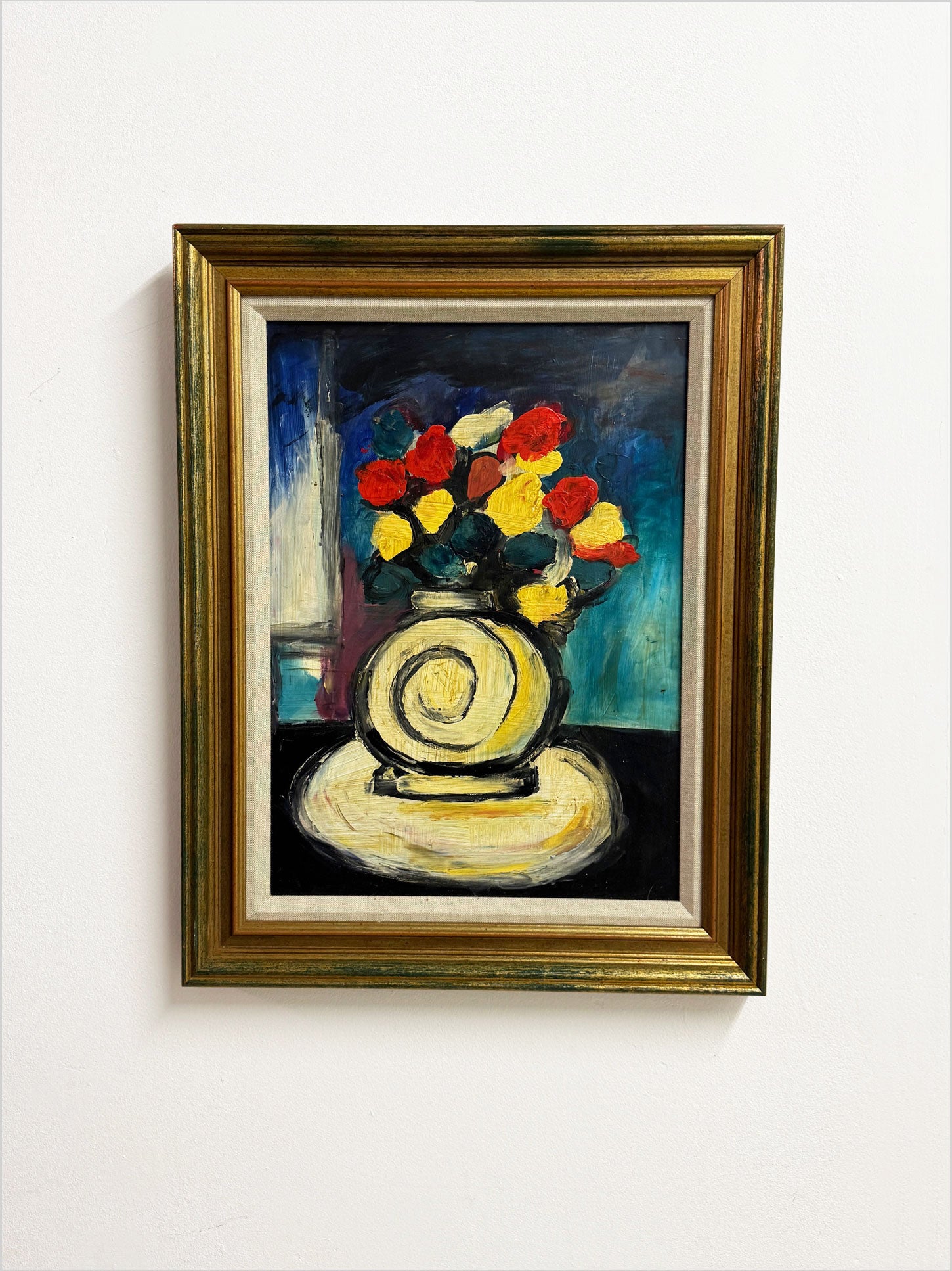 Mid Century Abstract Still Life Oil Painting, Vase of FLowers