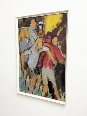 Large Mid Century Vintage Abstract Sport Football Match Oil Painting