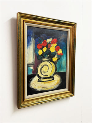 Mid Century Abstract Still Life Oil Painting, Vase of FLowers