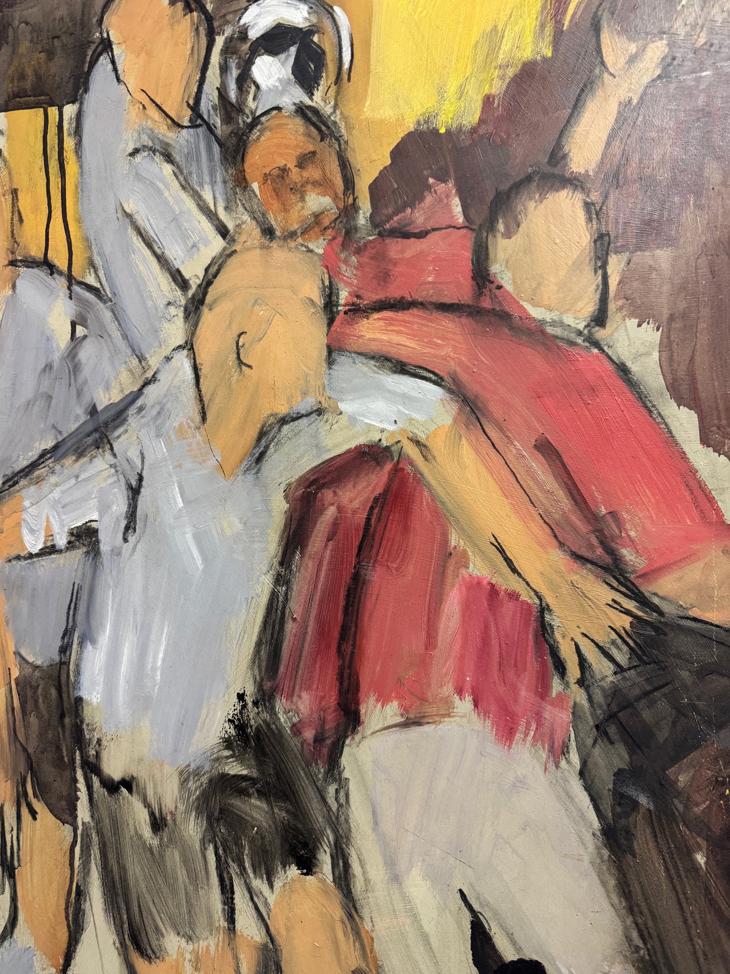 Large Mid Century Vintage Abstract Sport Football Match Oil Painting