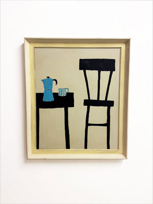 Terence R. Wood, Abstract Still Life Painting, black table and chairs, blue coffee pot and striped mug. 