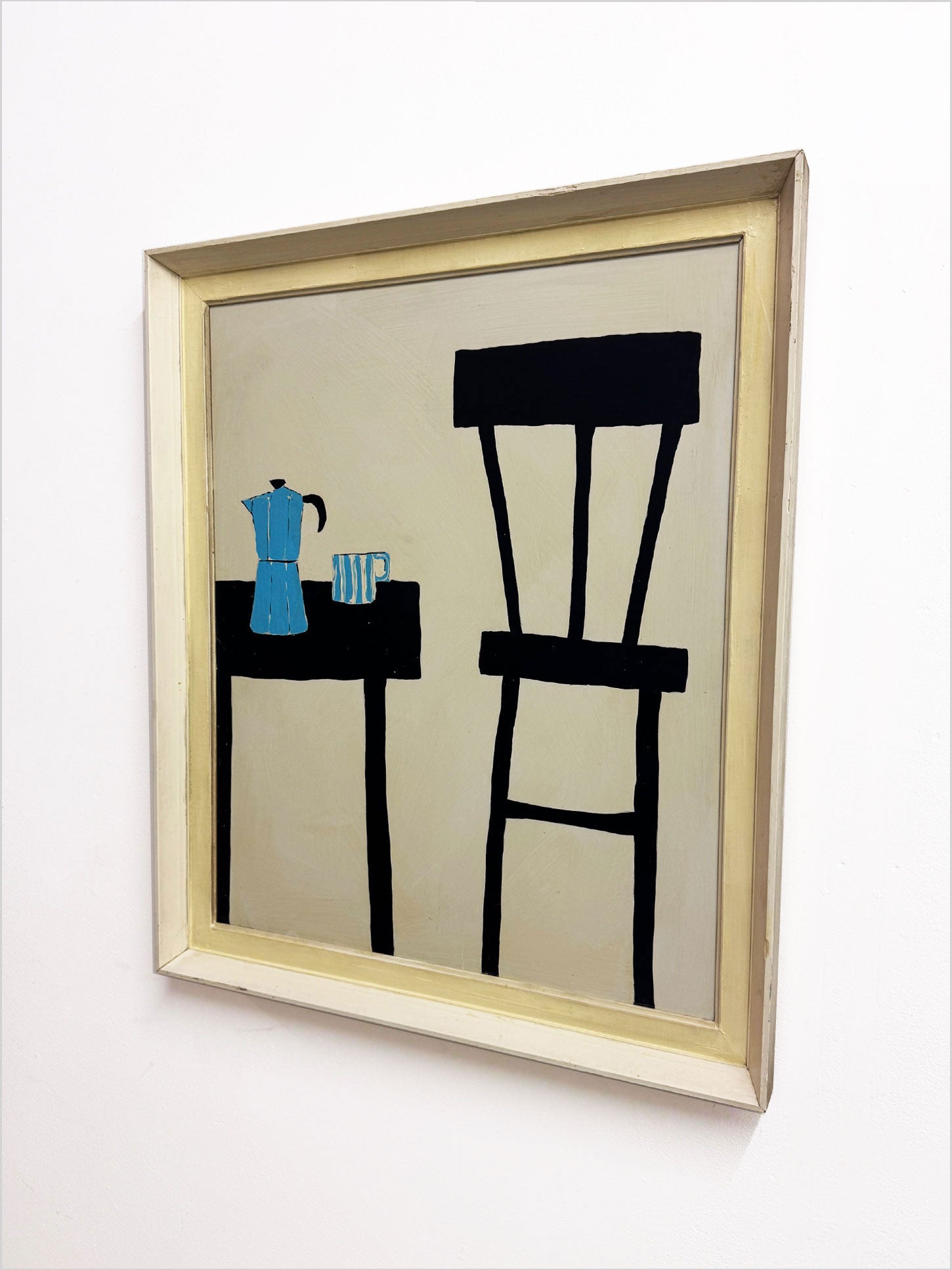 Terence R. Wood, Abstract Still Life Painting, black table and chairs, blue coffee pot and striped mug. 