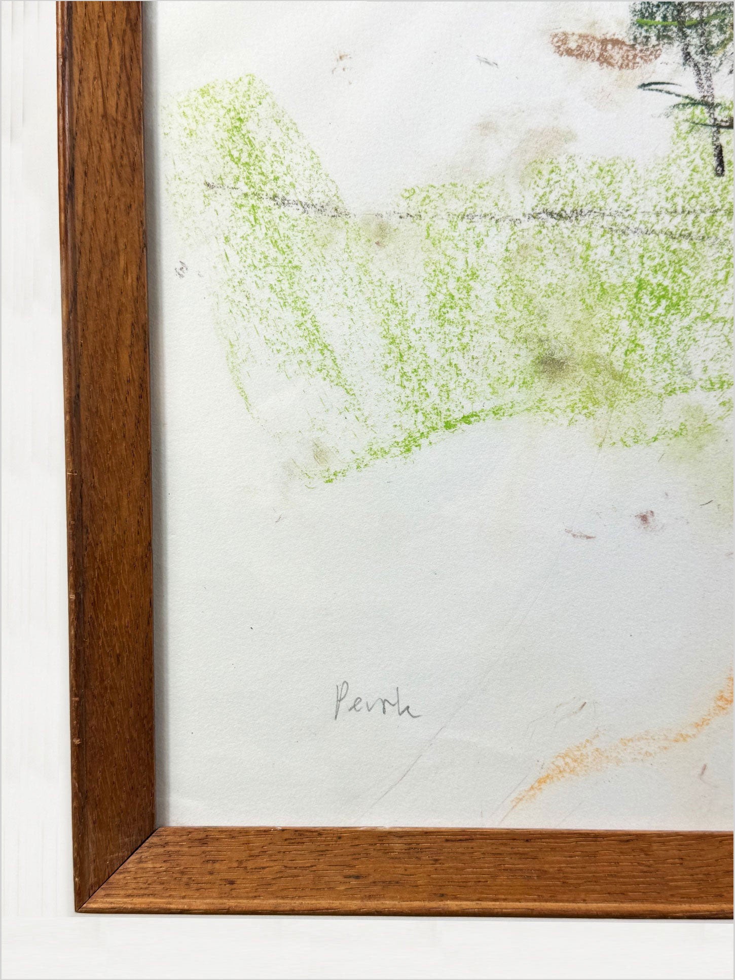 Abstract pastel by Peter Kubovsky with soft tones and calligraphic marks, signed late 20th century, framed in vintage oak, ready to hang.