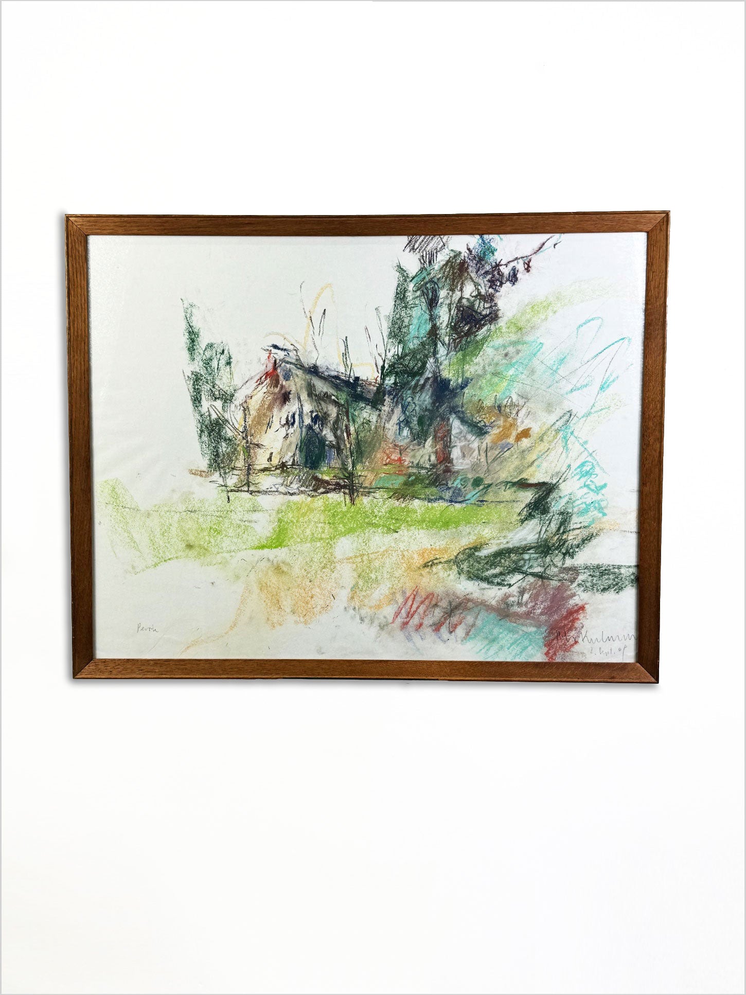 Abstract pastel by Peter Kubovsky with soft tones and calligraphic marks, signed late 20th century, framed in vintage oak, ready to hang.