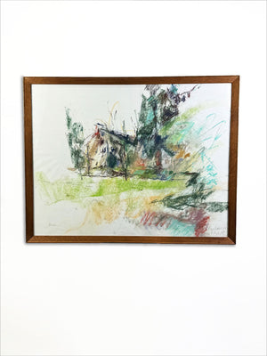 Abstract pastel by Peter Kubovsky with soft tones and calligraphic marks, signed late 20th century, framed in vintage oak, ready to hang.