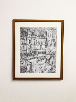 Barry De More Original Charcoal Cityscape Drawing – Signed Expressionist Street Scene Artwork