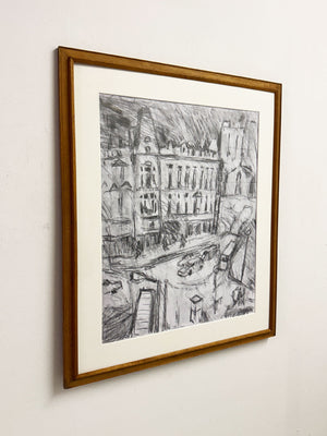 Barry De More Original Charcoal Cityscape Drawing – Signed Expressionist Street Scene Artwork