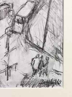 Barry De More Original Charcoal Cityscape Drawing – Signed Expressionist Street Scene Artwork