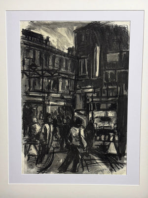 Barry De More, Large Vintage Original Charcoal City Street Scene
