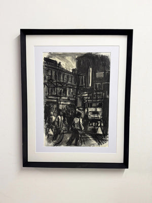 Barry De More, Large Vintage Original Charcoal City Street Scene