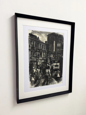 Barry De More, Large Vintage Original Charcoal City Street Scene