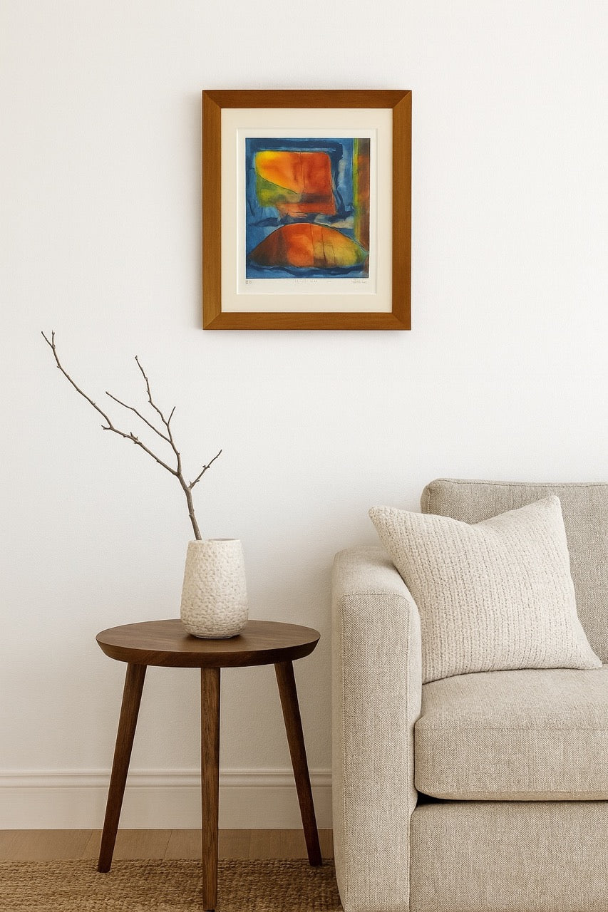 Harbour St. Ives by S. H. Cousins — vibrant mid-century monotype Artist Proof with fiery reds, oranges, and blues, framed and ready to hang.