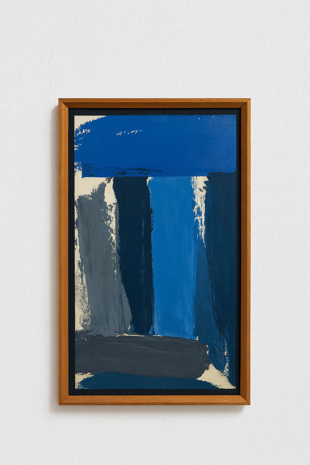 Mid-20th century abstract acrylic painting with bold blocks of deep blue, grey, and off-white, layered brushstrokes, in solid oak frame."