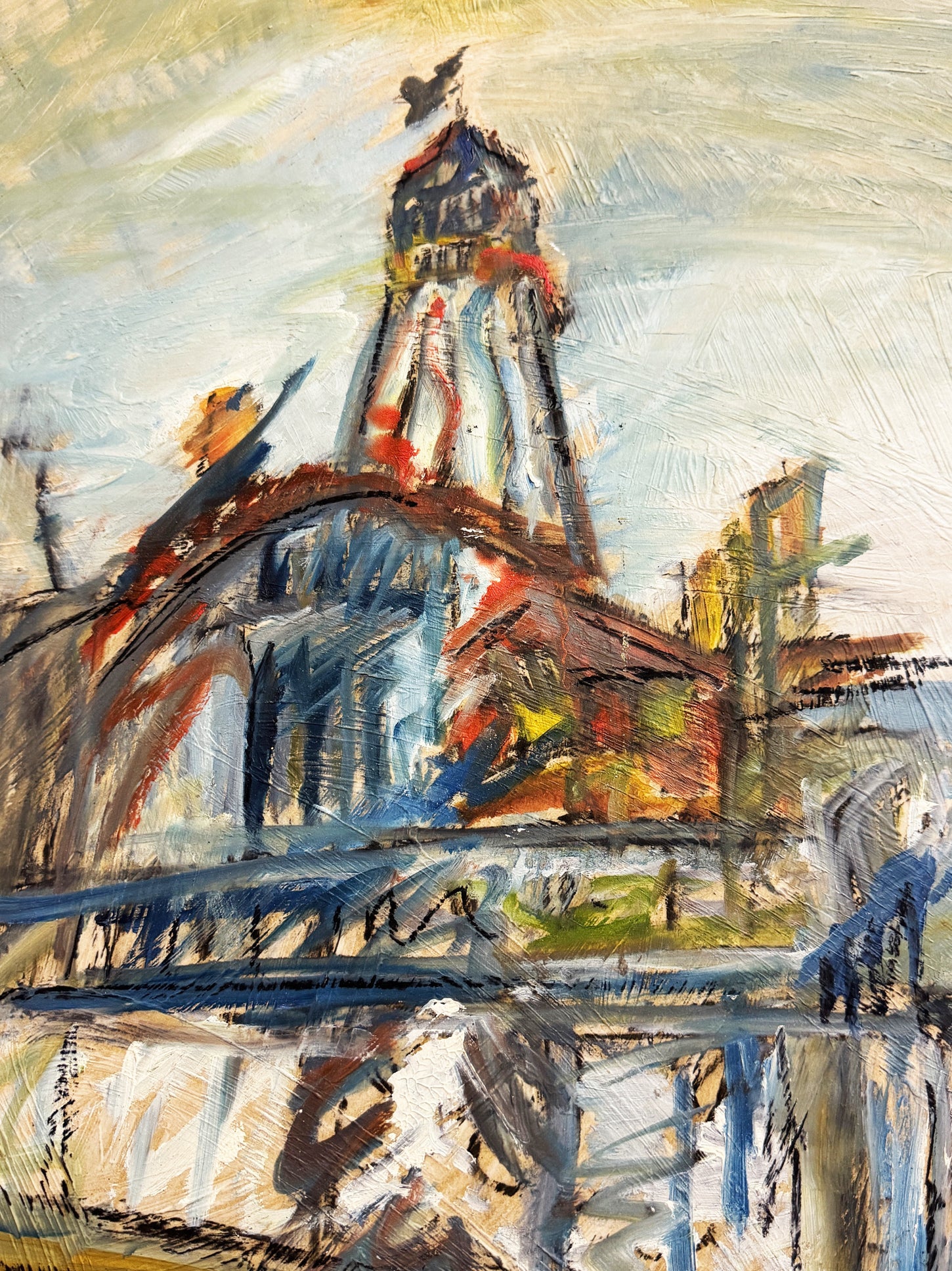 Mid-Century Style Expressionist Fairground Tower Oil Painting Signed F. Robbins