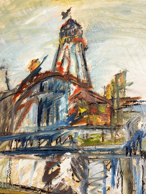 Mid-Century Style Expressionist Fairground Tower Oil Painting Signed F. Robbins