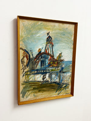 Mid-Century Style Expressionist Fairground Tower Oil Painting Signed F. Robbins