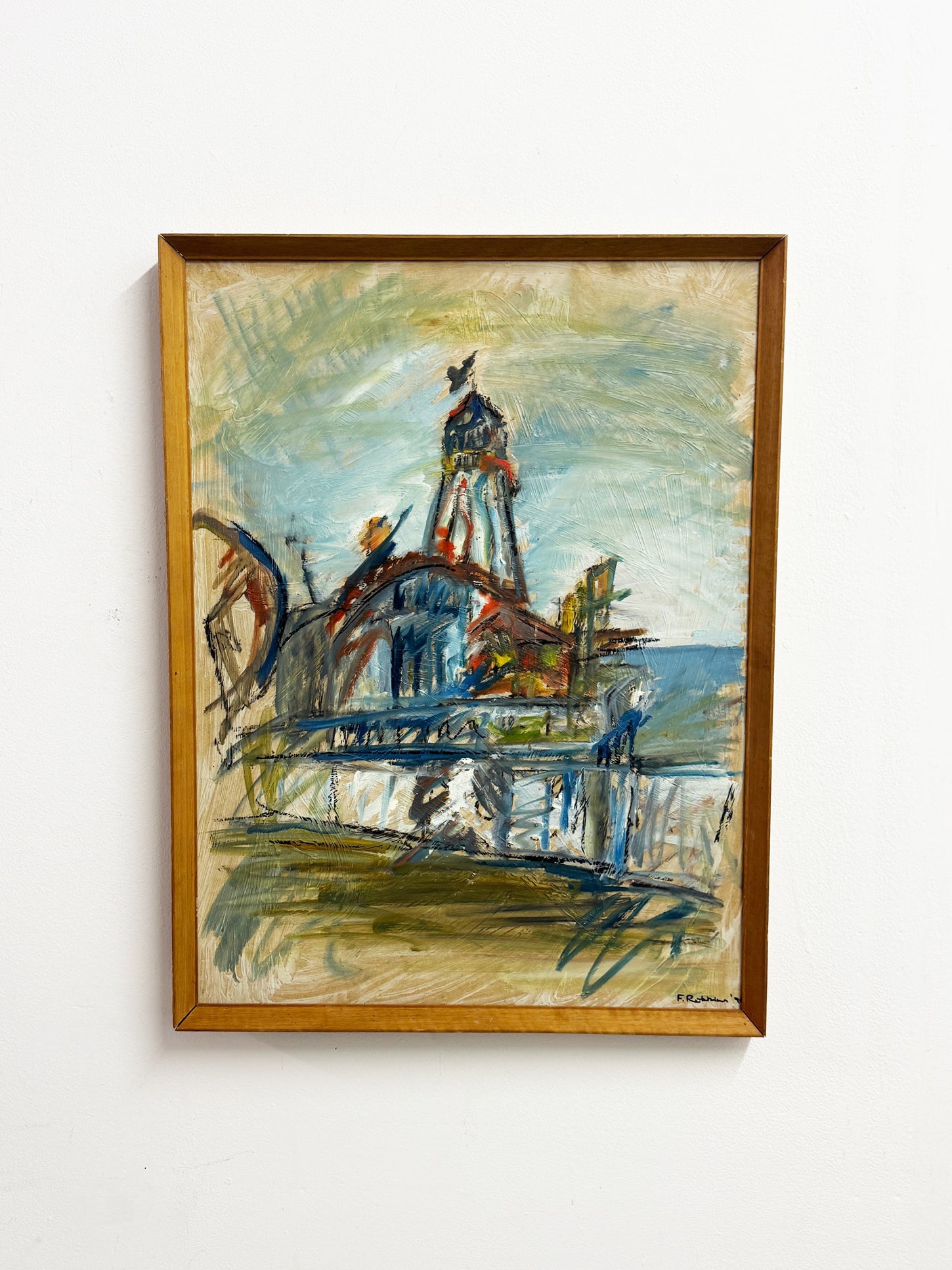 Mid-Century Style Expressionist Fairground Tower Oil Painting Signed F. Robbins
