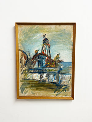 Mid-Century Style Expressionist Fairground Tower Oil Painting Signed F. Robbins