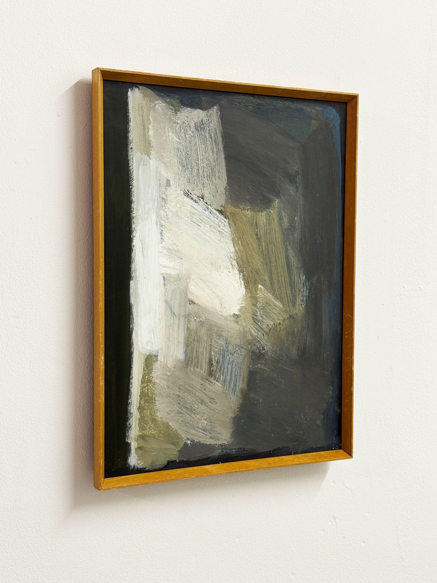 Swedish-style abstract oil by Geoffrey Bargery with earthy whites, greys, and natural tones, framed in solid oak. Mid-20th century minimalist art.