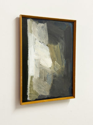 Abstract oil painting by Geoffrey Bargery with textured earthy whites, greys, and natural tones, framed in solid mid-century oak frame.