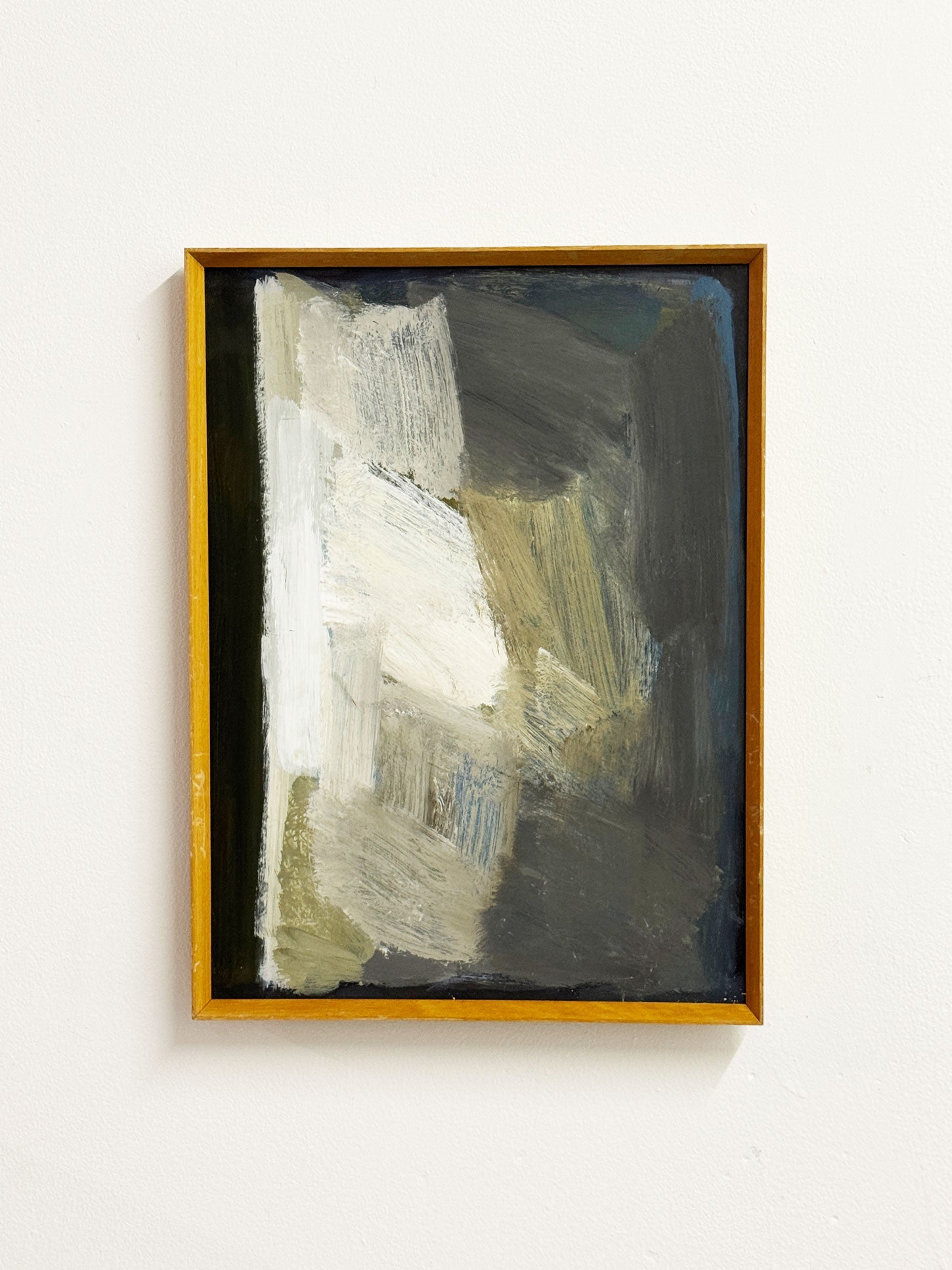 Swedish-style abstract oil by Geoffrey Bargery with earthy whites, greys, and natural tones, framed in solid oak. Mid-20th century minimalist art.