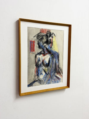 Mid-Century Modernist Abstract Female Nude Study in Charcoal and Pastel