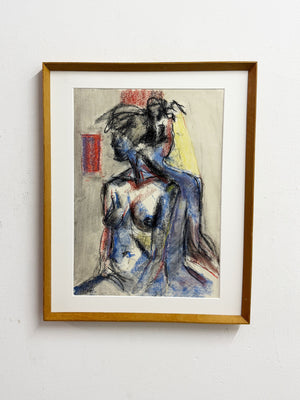 Mid-Century Modernist Abstract Female Nude Study in Charcoal and Pastel