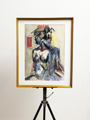 Mid-Century Modernist Abstract Female Nude Study in Charcoal and Pastel