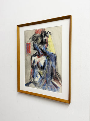 Mid-Century Modernist Abstract Female Nude Study in Charcoal and Pastel