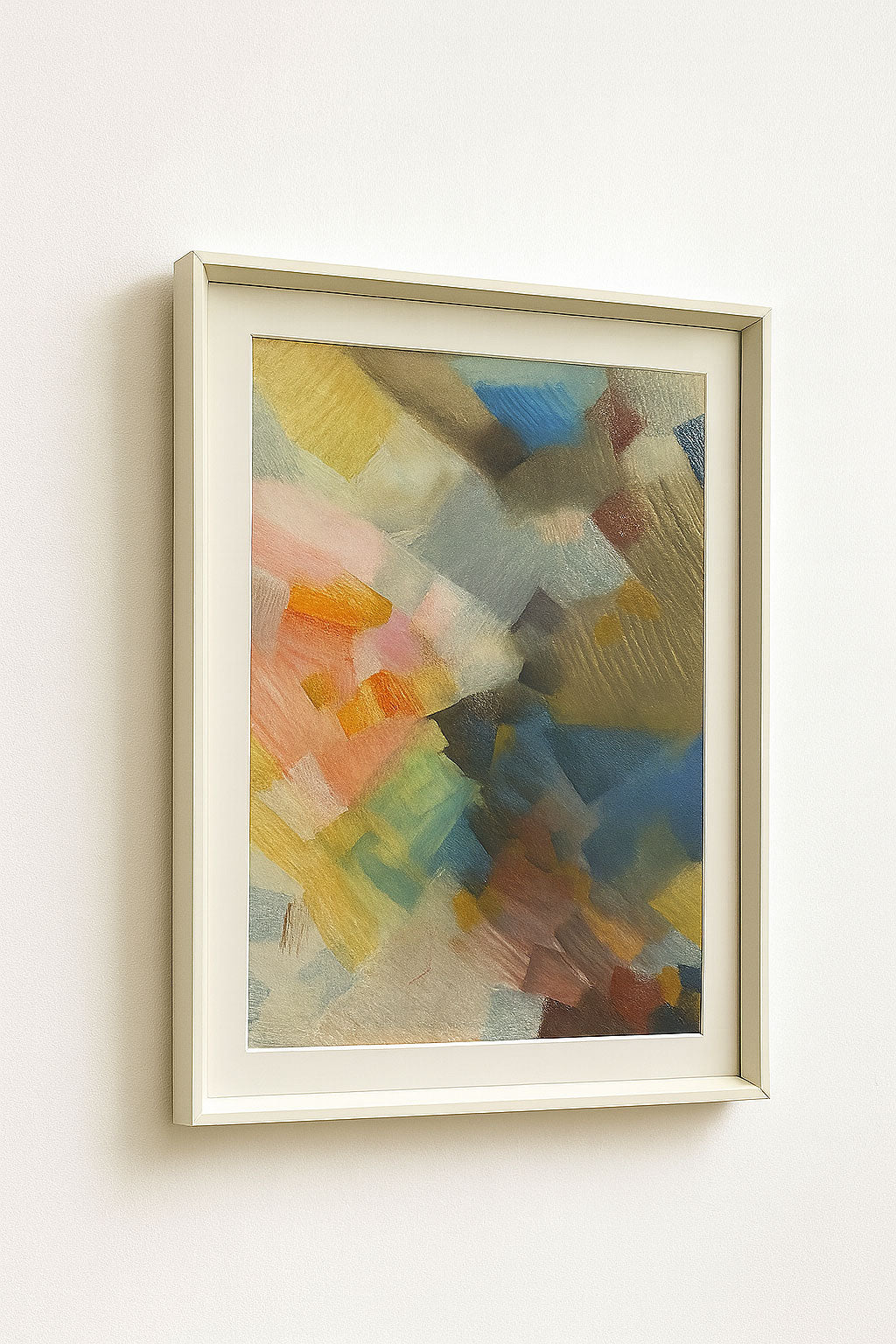 Mid-century pastel abstract on paper with layered warm tones, pinks, blues, and gold. Framed in vintage white wood for a timeless modern look.