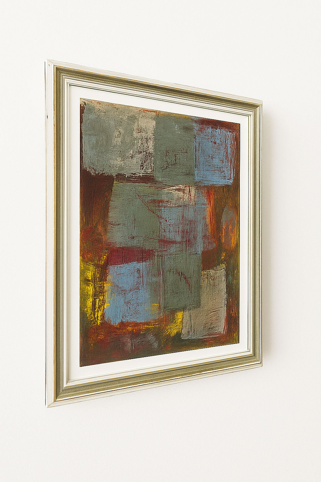 Cubist abstract acrylic painting with layered greens, blues, and greys over textured reds and yellows, framed in period  painted frame.