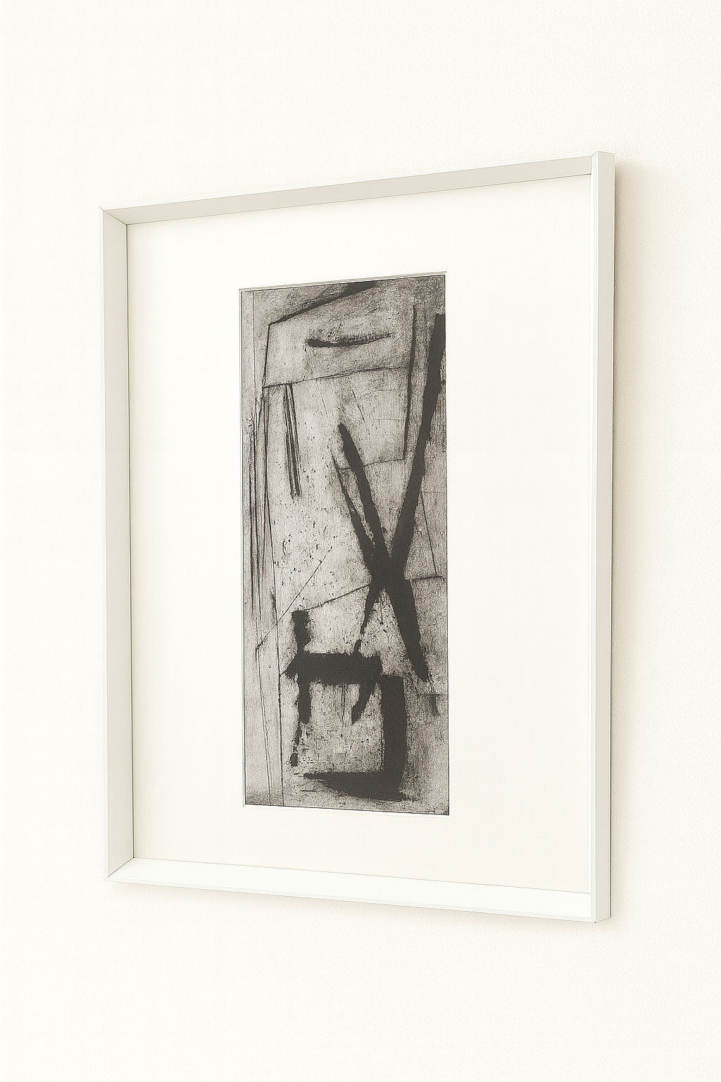 Mid century abstract monotype with bold black ink strokes on white, minimalist design in sleek vintage frame, unique and ready to hang.