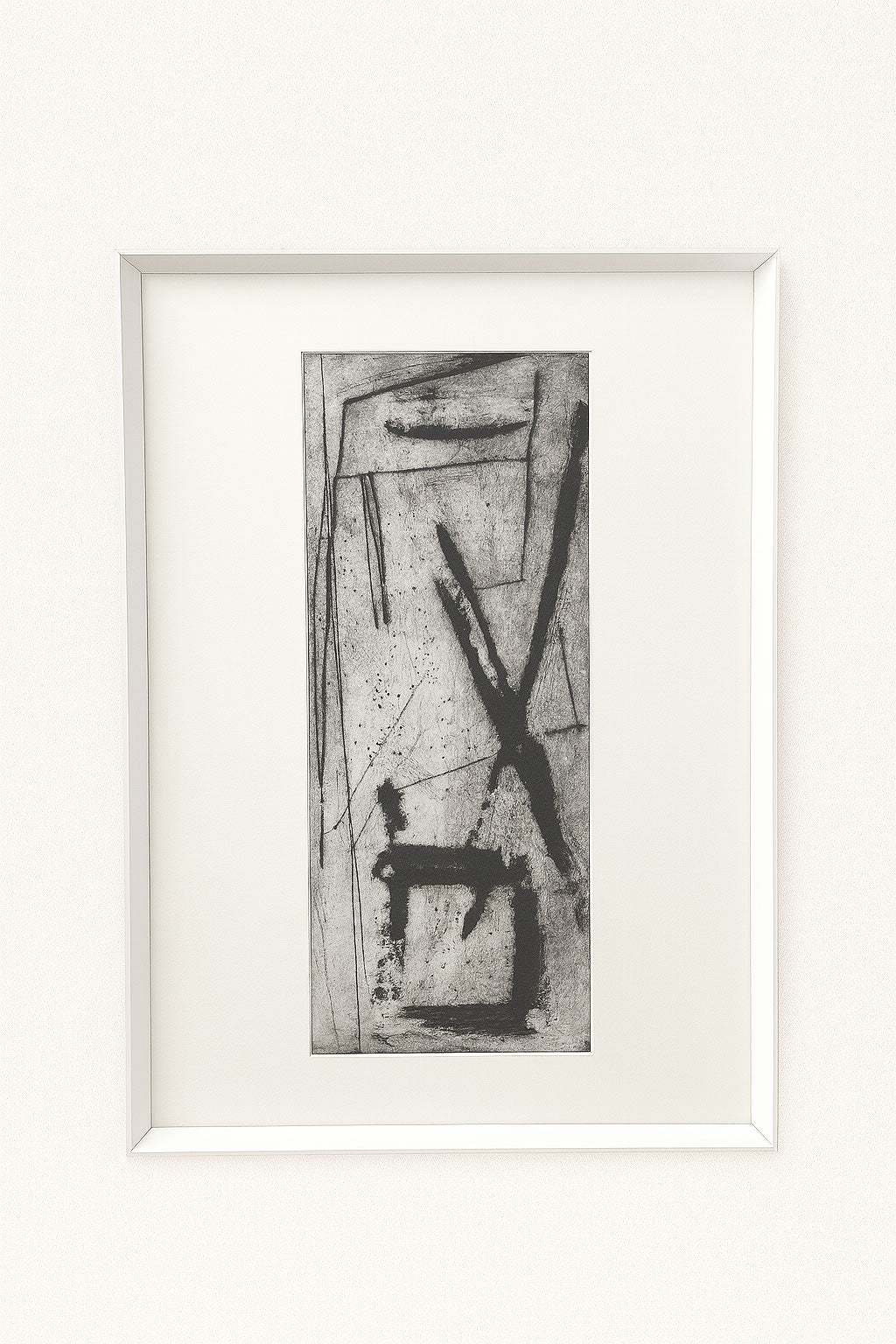 Mid century abstract monotype with bold black ink strokes on white, minimalist design in sleek vintage frame, unique and ready to hang.