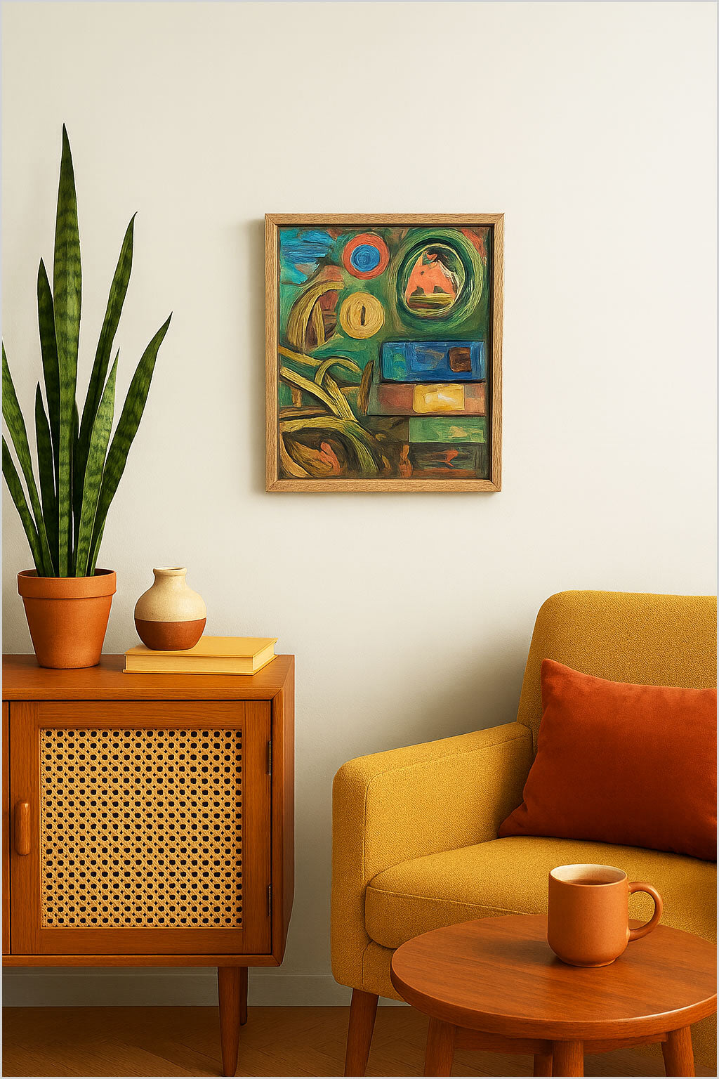 Original 1970s gouache by Owen Kendrick, bold mid-century abstract with rich texture and color, in original limed oak frame. A standout artwork