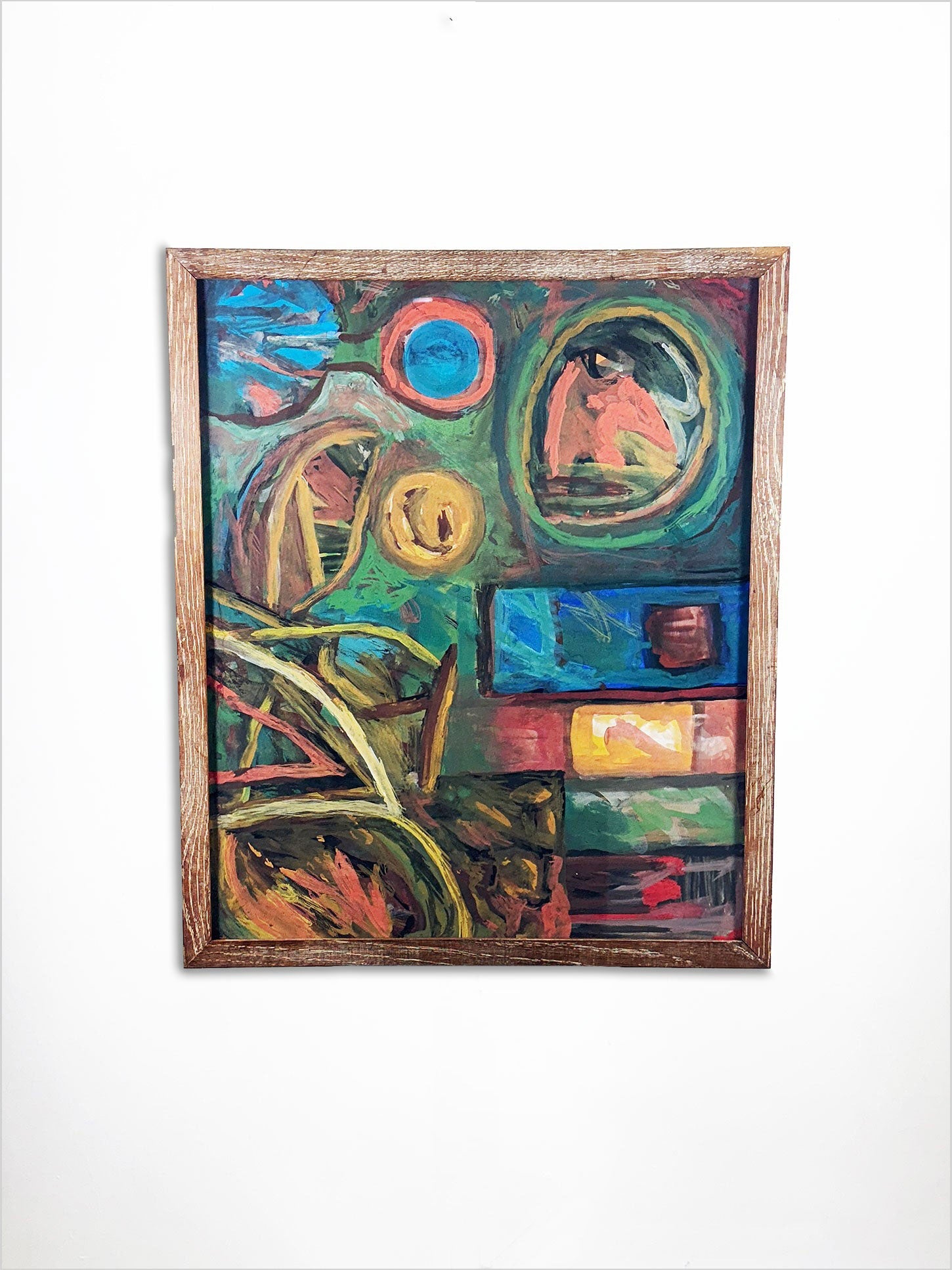 Original 1970s gouache by Owen Kendrick, bold mid-century abstract with rich texture and color, in original limed oak frame. A standout artwork