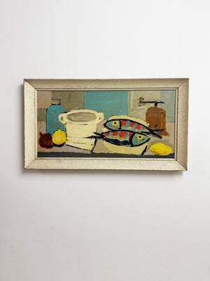Large Mid Century Modern  Fish Kitchen Scene Still Life Oil Painting