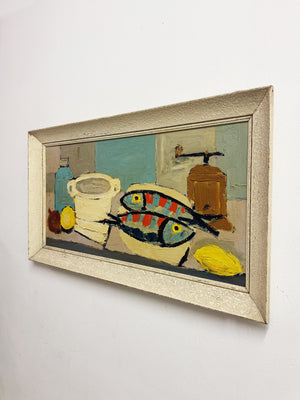 Large Mid Century Modern  Fish Kitchen Scene Still Life Oil Painting