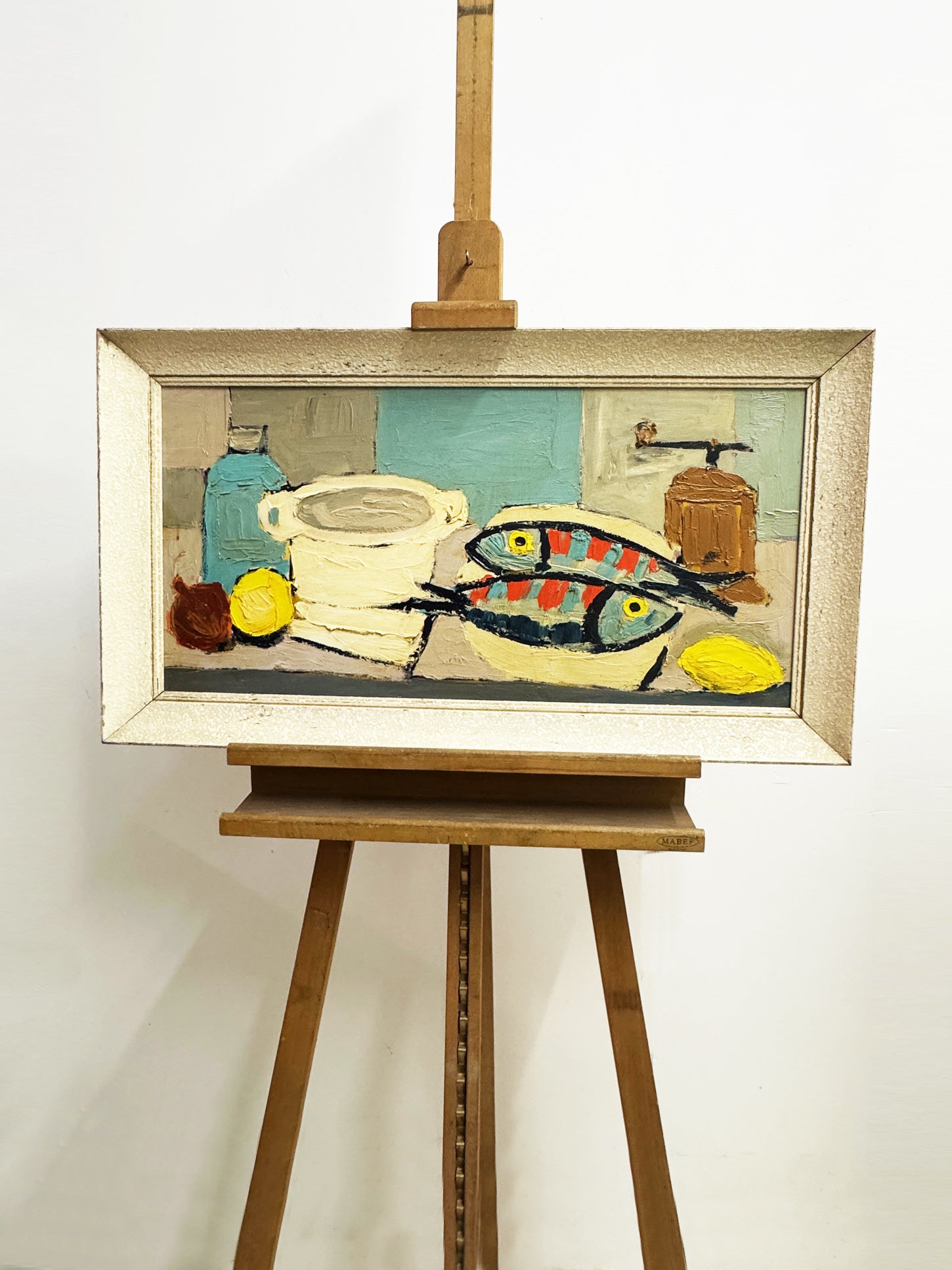 Large Mid Century Modern  Fish Kitchen Scene Still Life Oil Painting