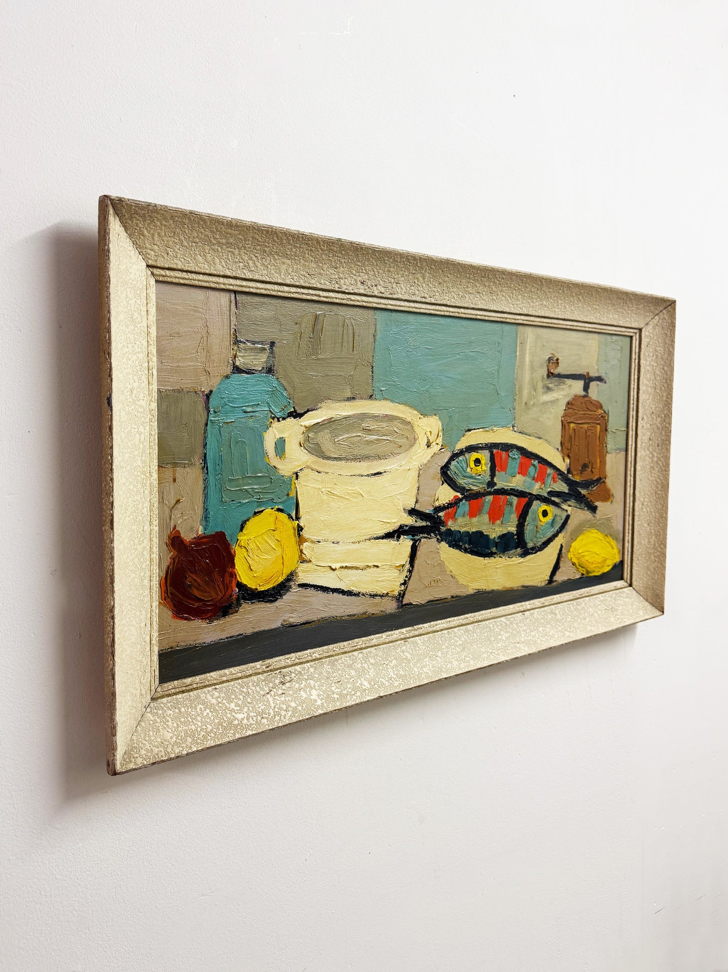 Large Mid Century Modern  Fish Kitchen Scene Still Life Oil Painting