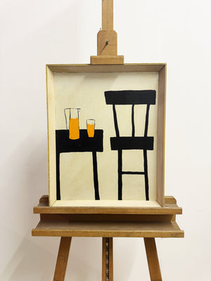 Terence Wood, Vintage Modernist Abstract Still Life - Chairs & Table Oil Painting