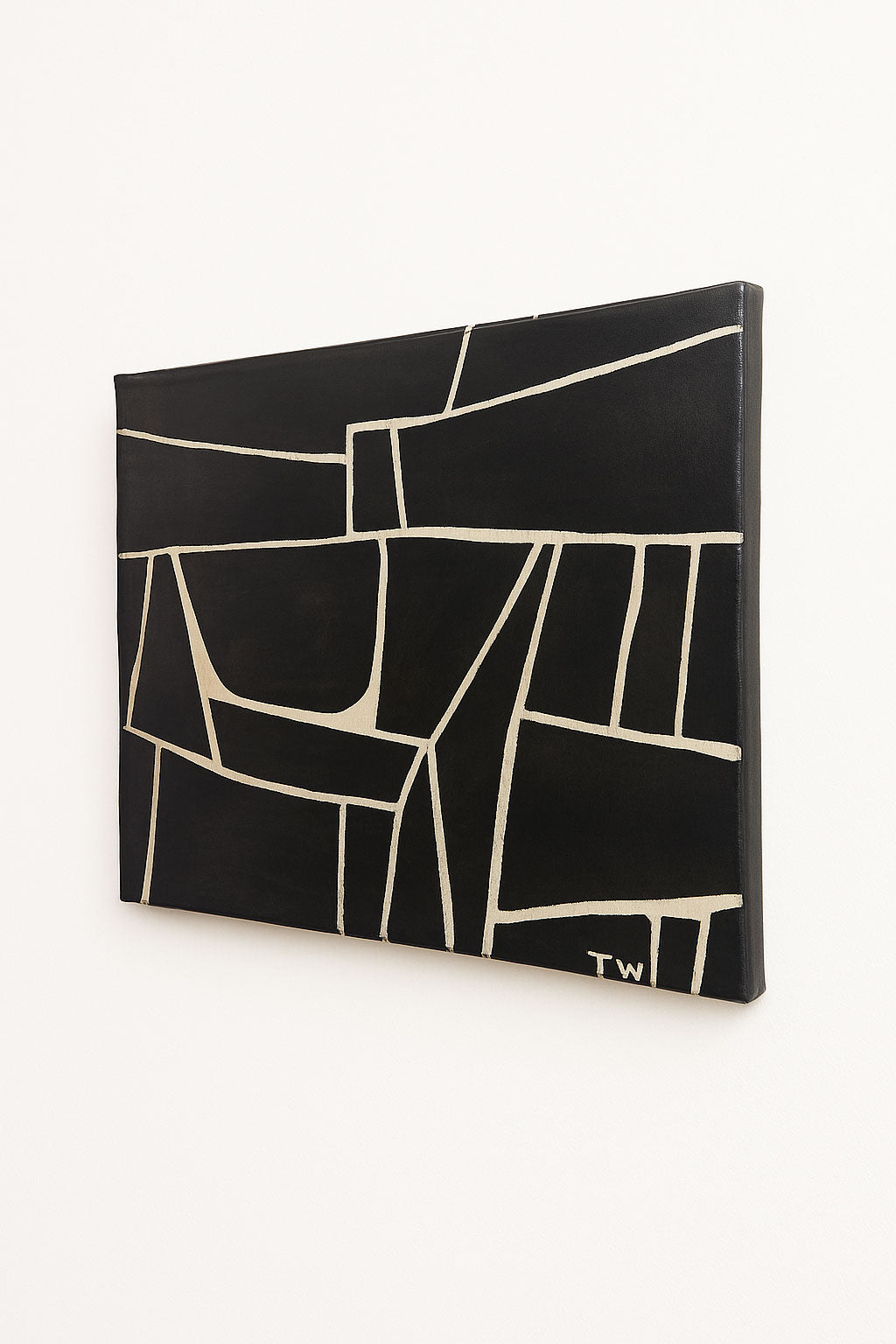 Modernist abstract painting by Terence R. Wood with bold black fields and clean off-white geometric lines on canvas
