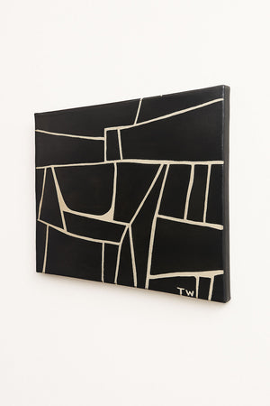 Minimalist modern abstract wall art by Terence R. Wood, black and off-white geometric painting perfect for contemporary or mid-century interiors.