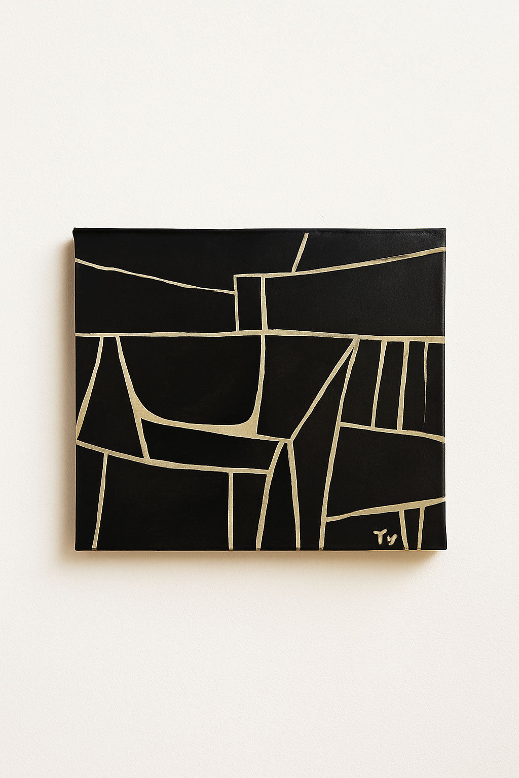 Modernist abstract painting by Terence R. Wood with bold black fields and clean off-white geometric lines on canvas
