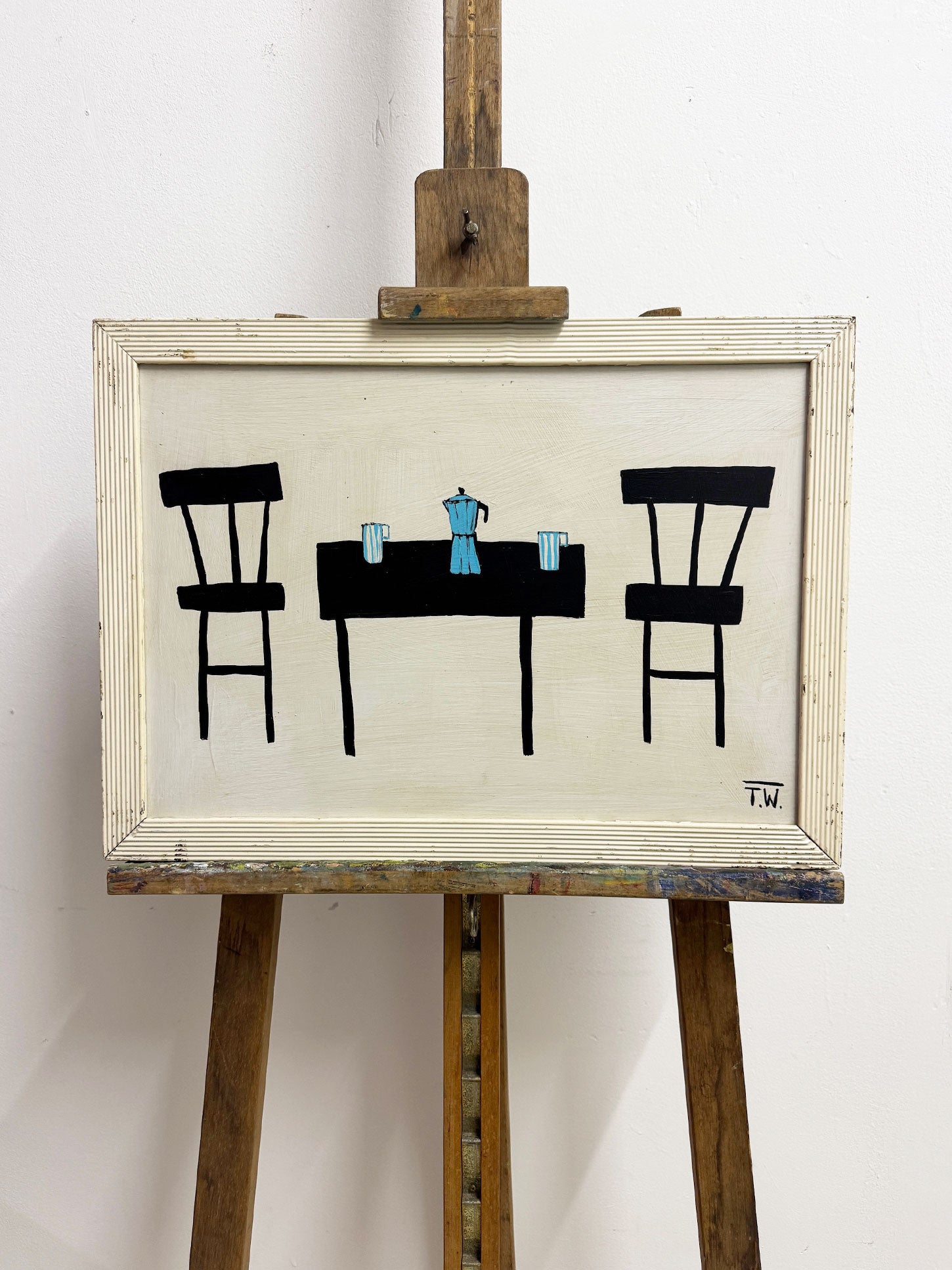 Terence R. Wood, Vintage Modernist Abstract Still Life - Chairs & Table Oil Painting