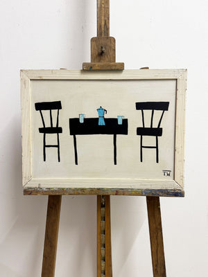 Terence R. Wood, Vintage Modernist Abstract Still Life - Chairs & Table Oil Painting