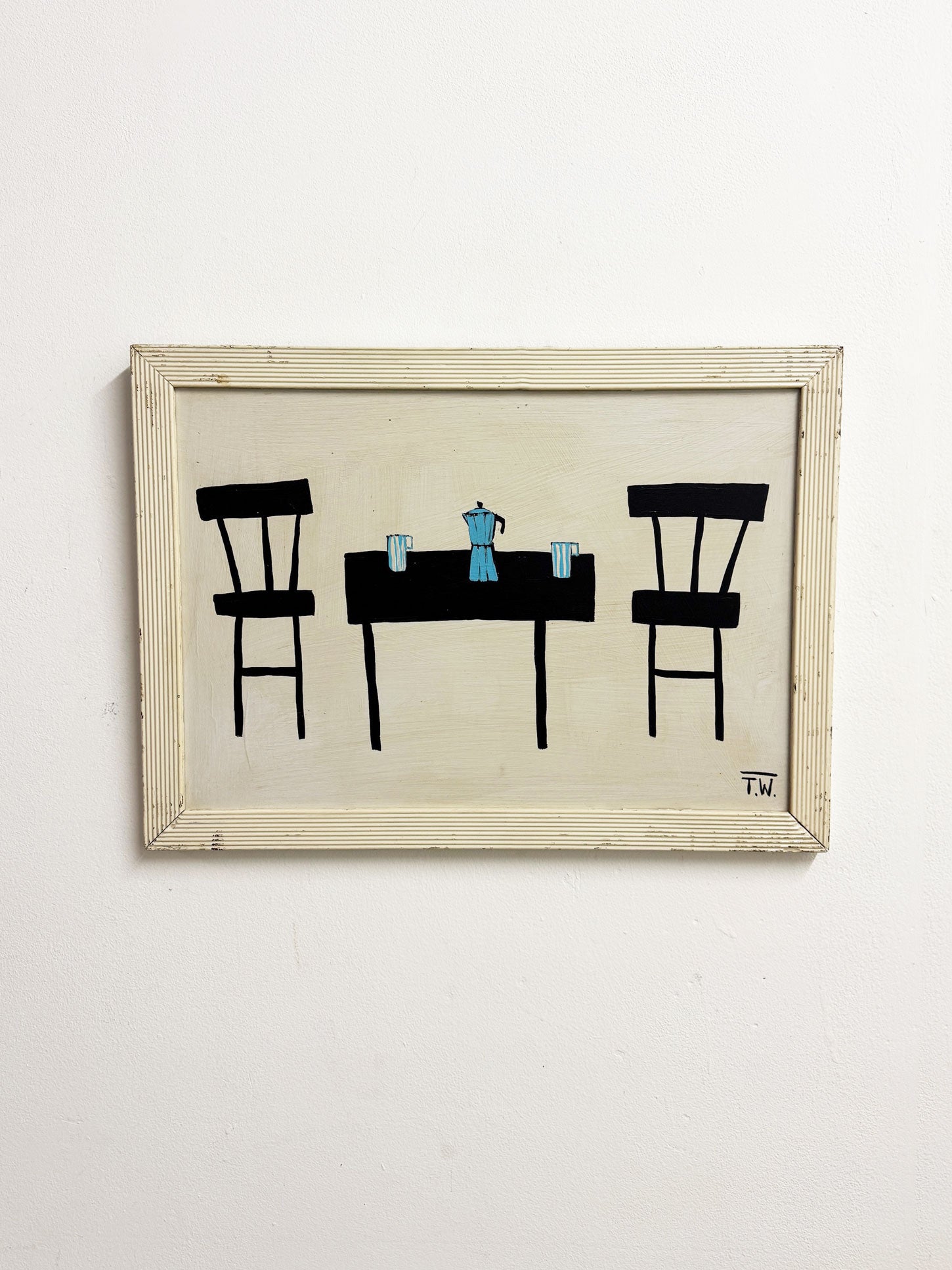 Terence R. Wood, Vintage Modernist Abstract Still Life - Chairs & Table Oil Painting