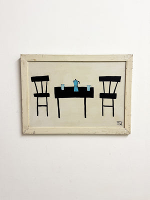 Terence R. Wood, Vintage Modernist Abstract Still Life - Chairs & Table Oil Painting