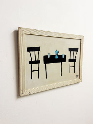 Terence R. Wood, Vintage Modernist Abstract Still Life - Chairs & Table Oil Painting