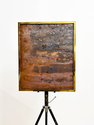 Mid-Century Brutalist Abstract Patinated Copper Panel in Brass Frame